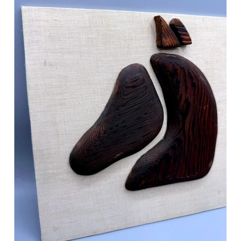 Vintage Mid Century Modern Abstract Wood Horse Head Wall Art Linen Board 9.5in